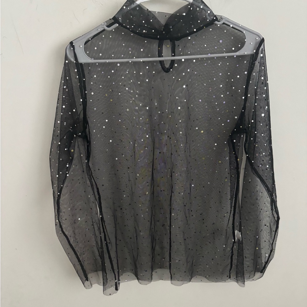 Y2K Black Sheer Mesh Glitter M Mock Neck Top  Whimsigoth Fairy Indie Layering
